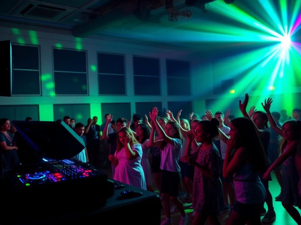 Kids dancing at a school event with colorful lights