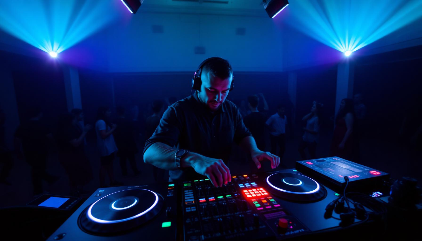 DJ Nuekleer performing at an event with neon lights